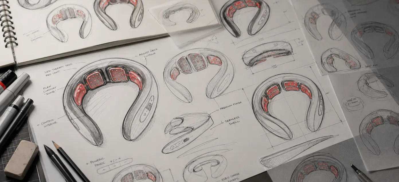 Concept sketches of a neck massager — idea and sketch stage of product design