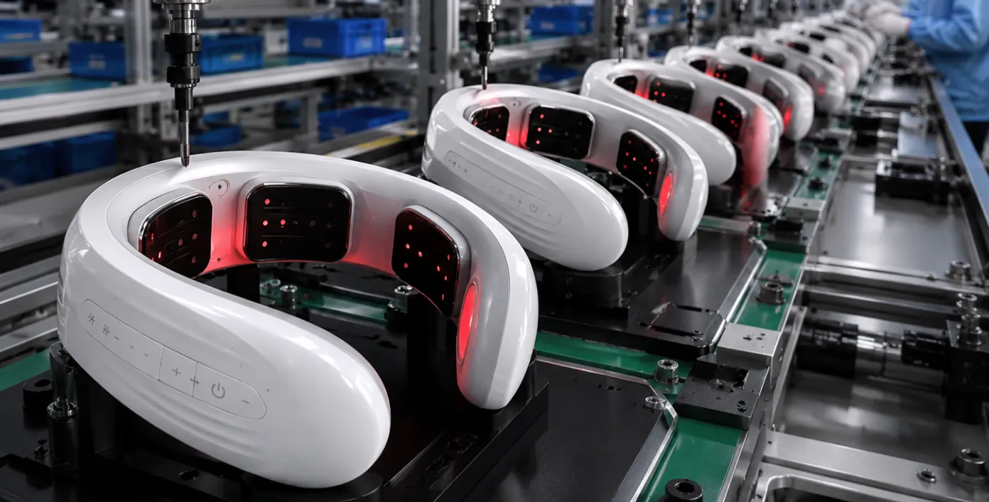 Neck massager units on an automated manufacturing assembly line