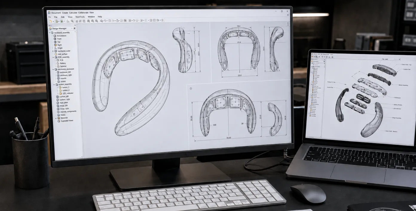 CAD engineering drawings of a neck massager on a monitor and laptop