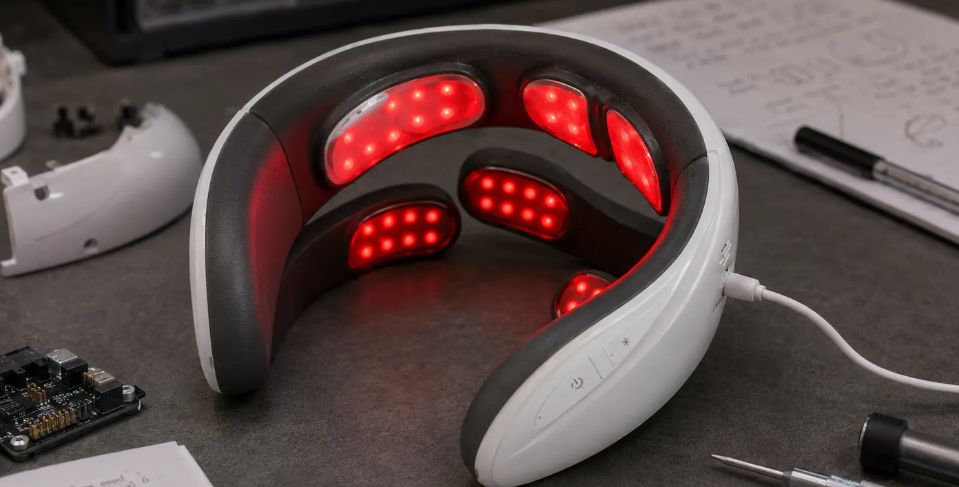 Functional prototype of a neck massager with red LED panels on an engineering workbench