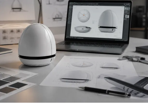White egg-shaped Wi-Fi router with CAD drawings — production-ready design
