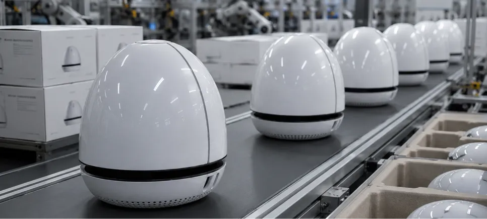 Wi-Fi routers on a conveyor belt in scaled mass production