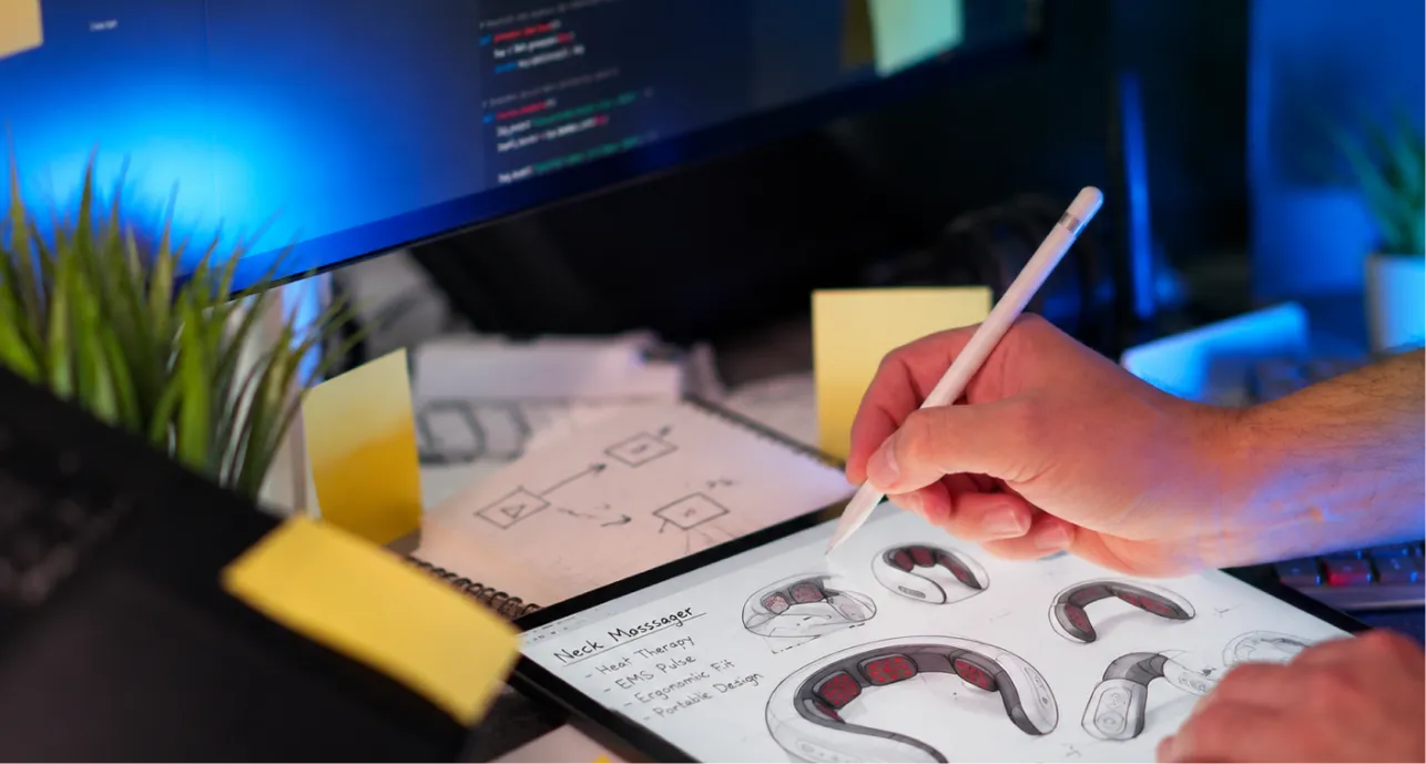 Designer reviewing product design drawings on a desk — design stage
