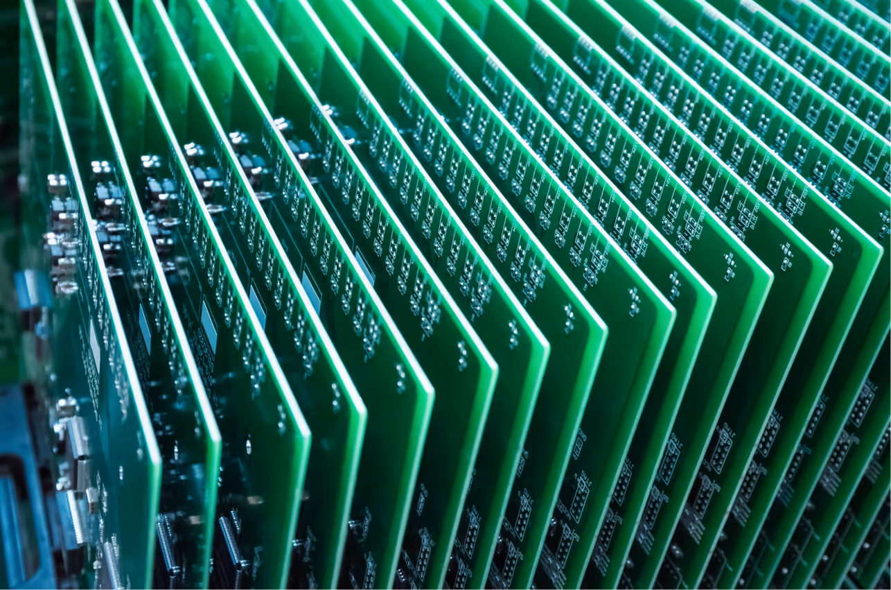 Stack of green printed circuit boards — component sourcing stage