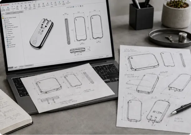 CAD model of a charger adapter on a laptop next to concept sketches