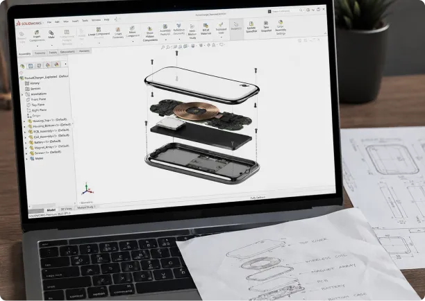 Exploded view of a device assembly in CAD software on a laptop