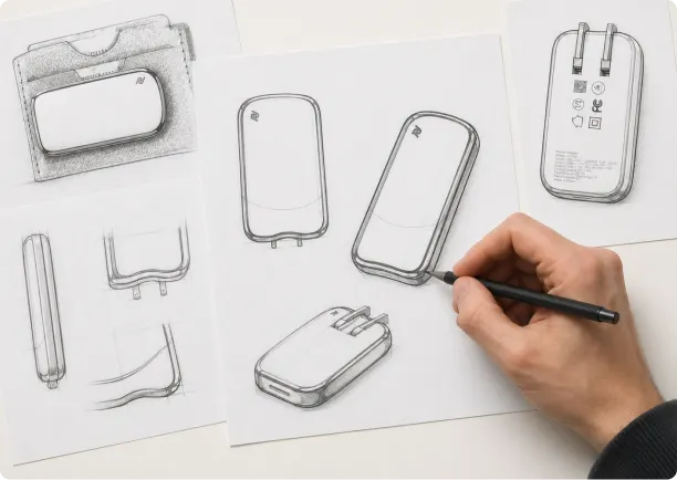 Hand sketching concept drawings of a charger adapter — product design sketches