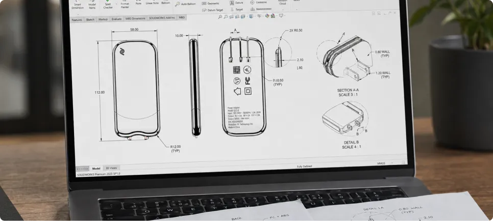 Engineering drawing with dimensions and tolerances on a laptop screen