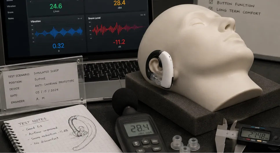 Earpiece prototype tested on a mannequin head with measurement equipment