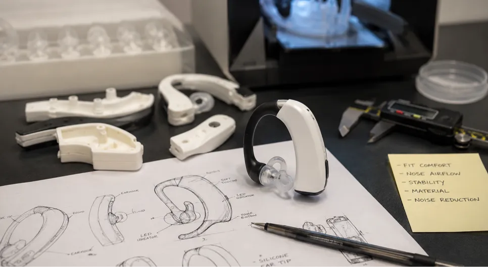 3D-printed earpiece prototypes with calipers and engineering notes