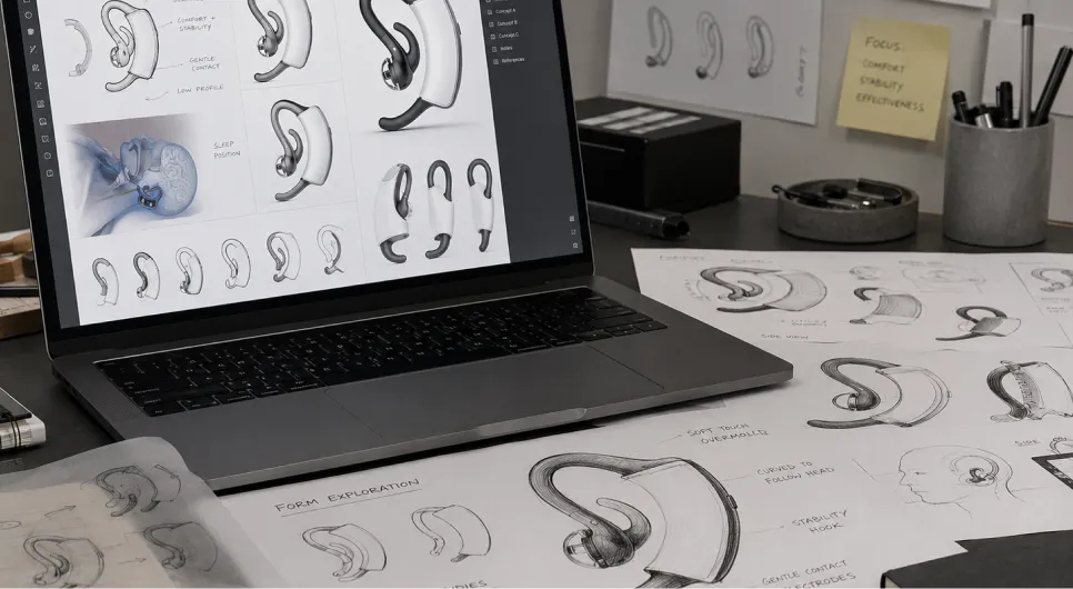 Earpiece design sketches next to a laptop with CAD model