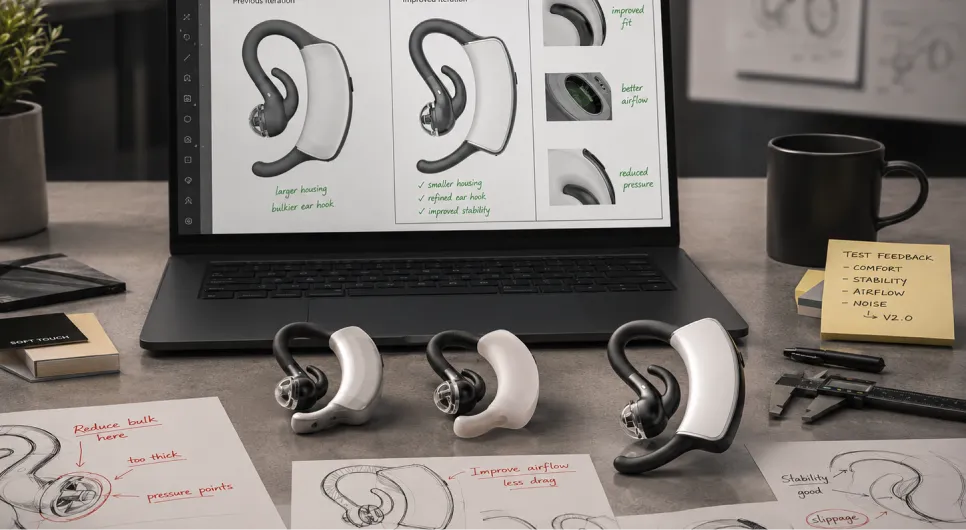 Refined earpiece prototype iterations with feedback notes