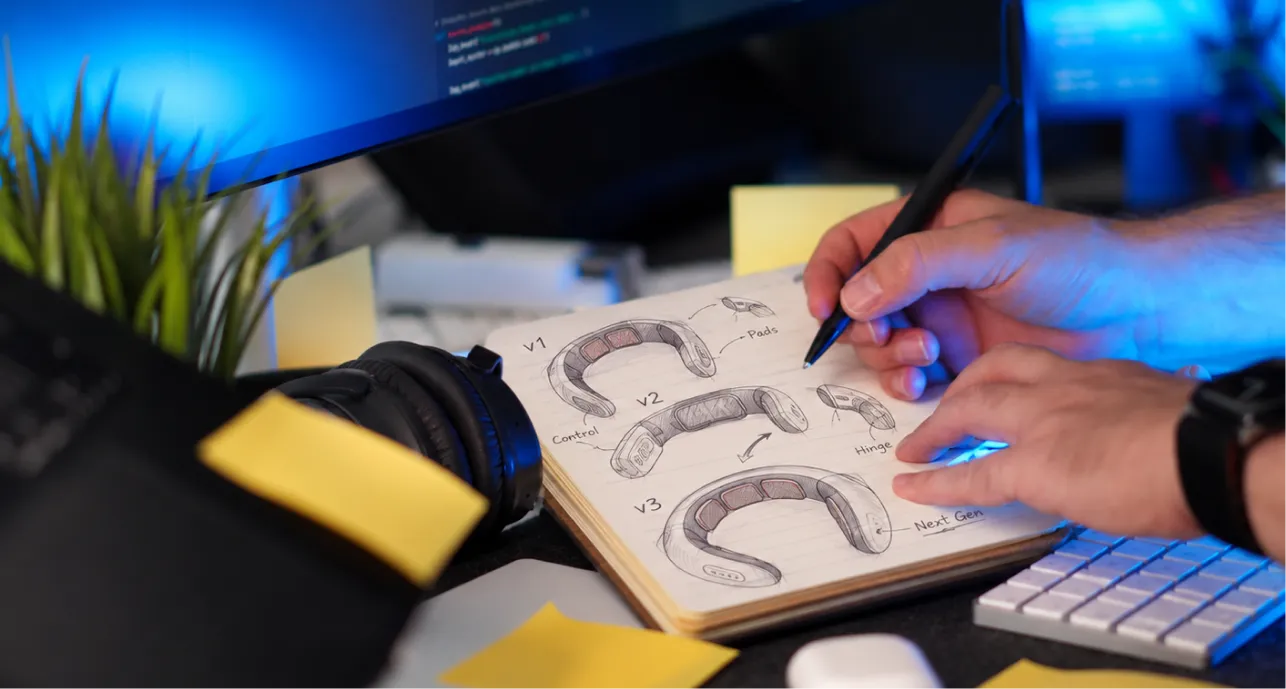 Designer sketching neck massager concepts in a notebook next to a laptop