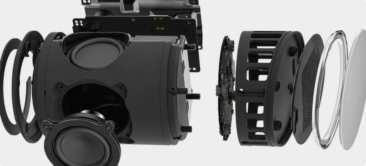 Exploded view of a smart speaker showing its drivers and internal components