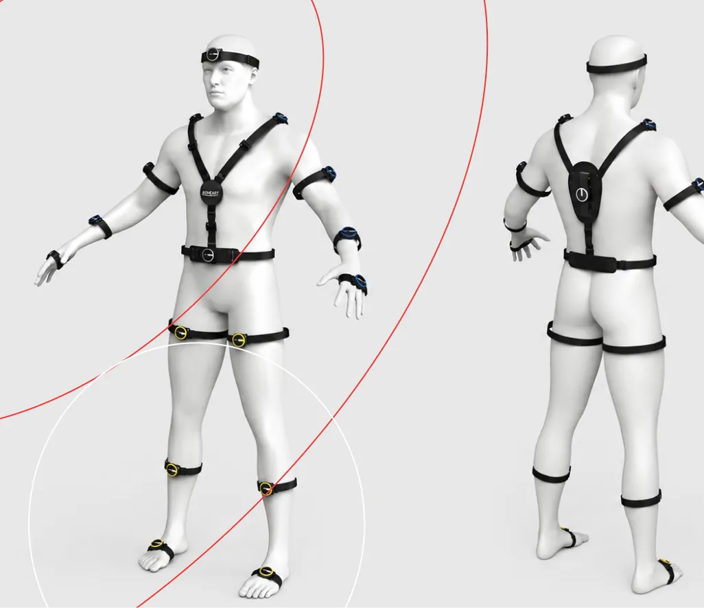 3D render of a human figure wearing a wearable sensor harness, front and back view