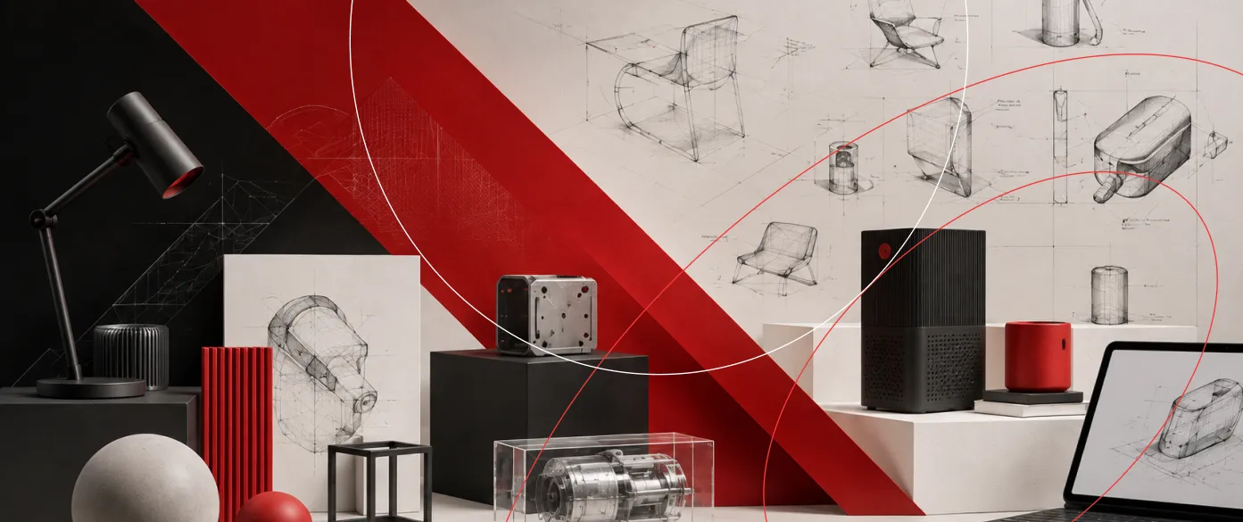 Product design studio display with sketches, models and a red geometric backdrop
