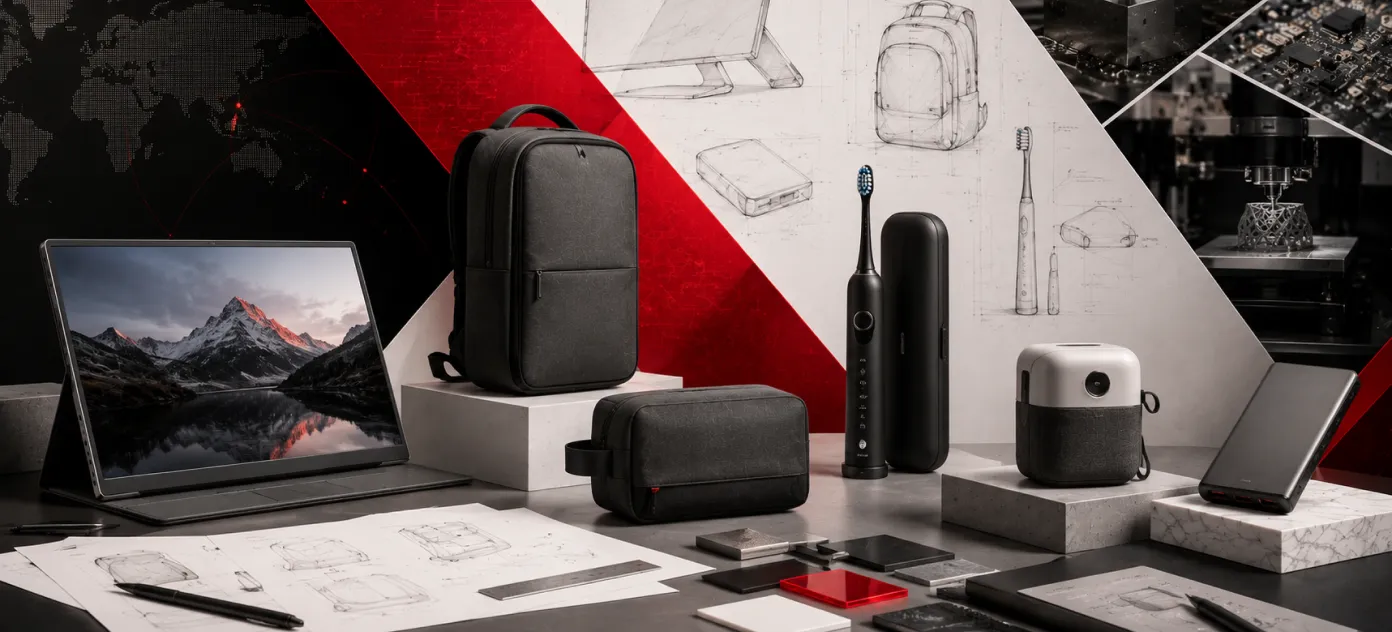 Product concepts including a portable display, backpack, electric toothbrush and speaker, shown alongside design sketches