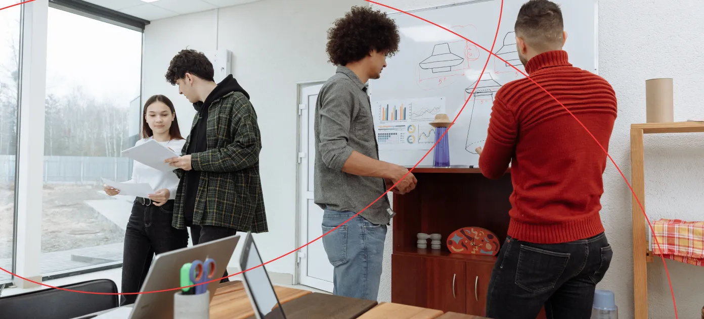 Product team discussing ideas in a studio