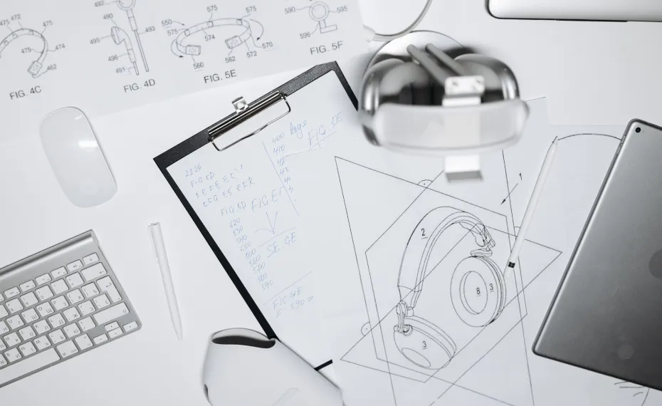 Headphone technical drawings and product sketches on a designer's desk