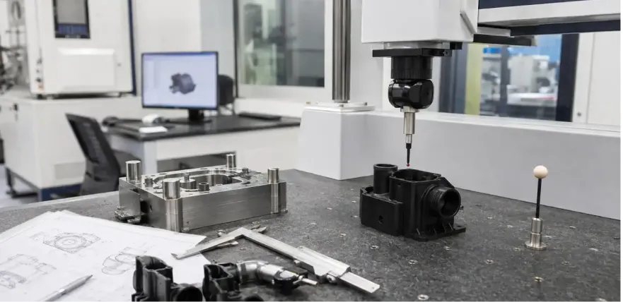 Coordinate measuring machine inspecting a moulded housing beside its aluminium tool and engineering drawings