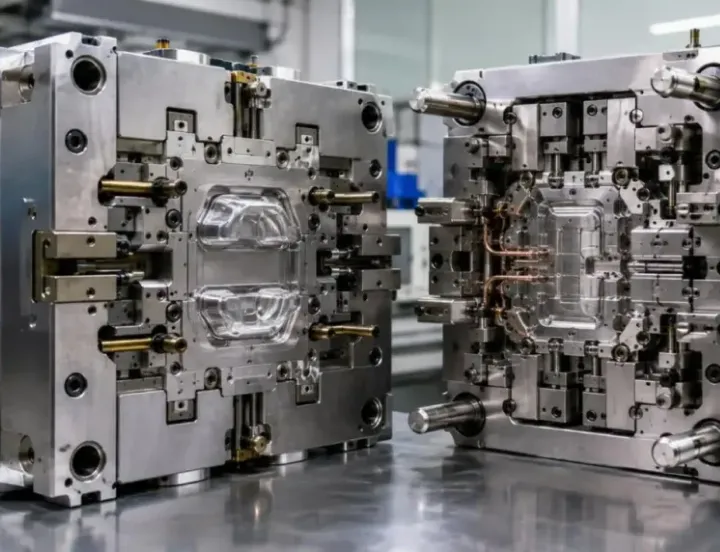 Two halves of a polished injection mould tool with its cooling channels visible