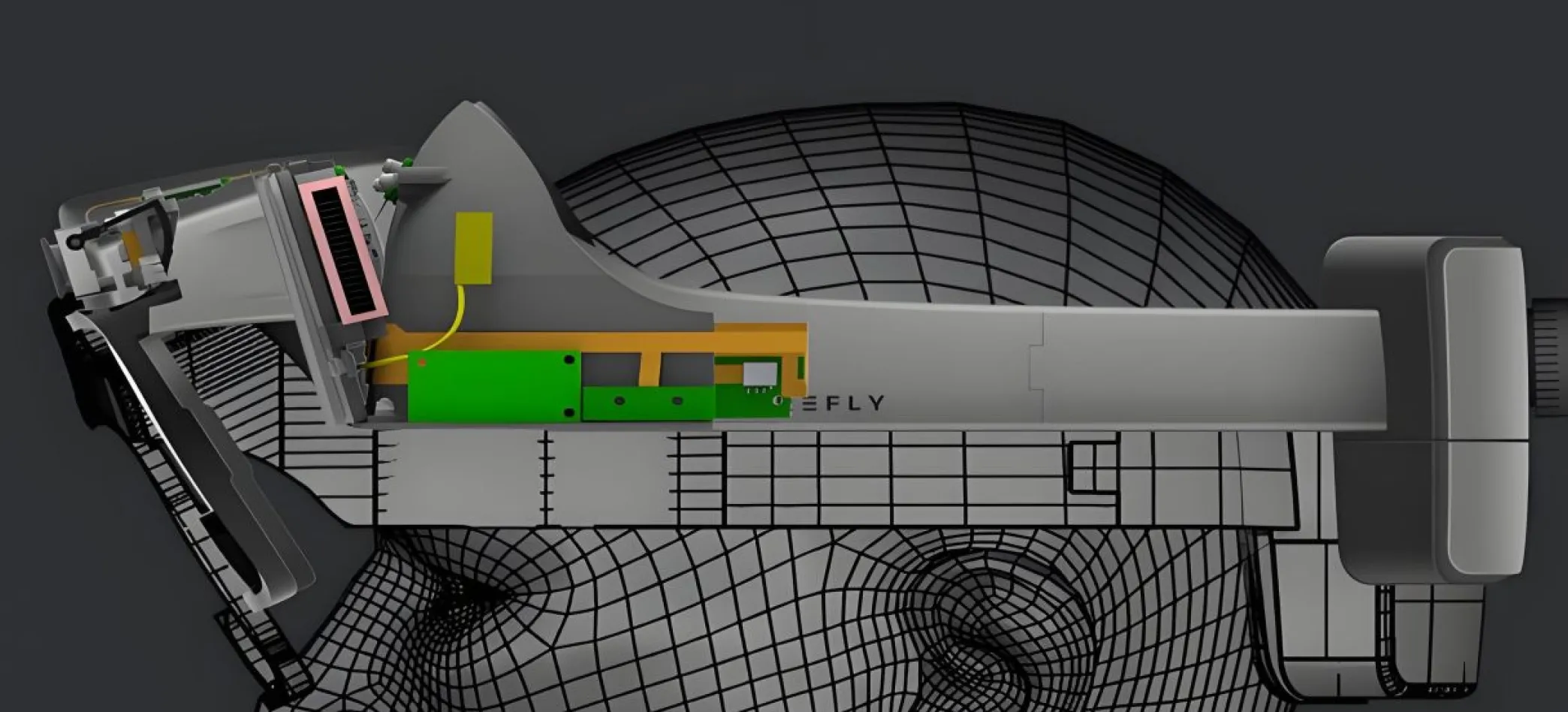 CAD cutaway of AR smart glasses showing the internal circuit board, flex circuit and micro-display