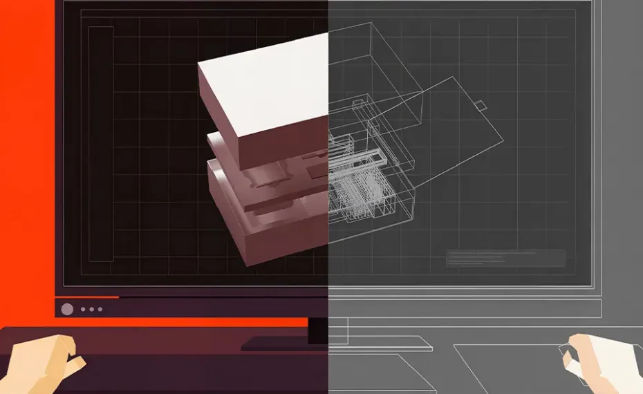 Packaging design on screen, half rendered and half wireframe, at a brand designer's desk