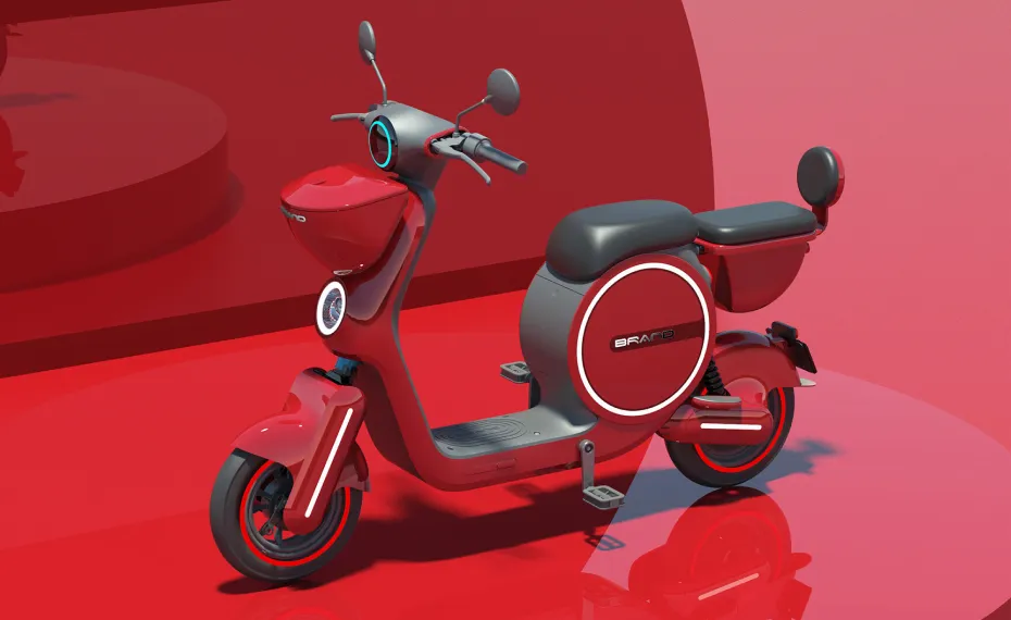 Concept render of a red electric scooter on a studio backdrop