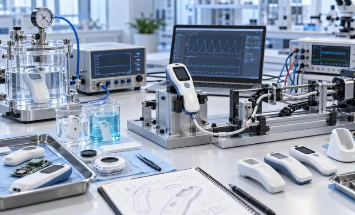 Early test rig with handheld prototypes, a pressure test chamber, an oscilloscope and research notes