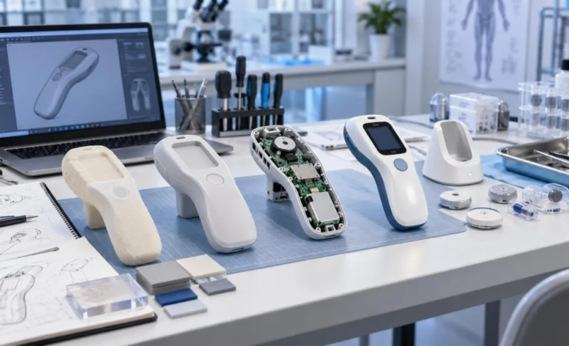 Five development stages of a handheld device, from foam model to finished unit on its charging cradle