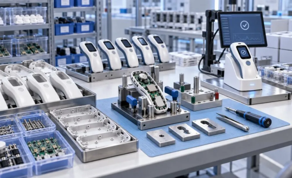 Assembly bench with rows of handheld units, one opened in a fixture to expose its circuit board