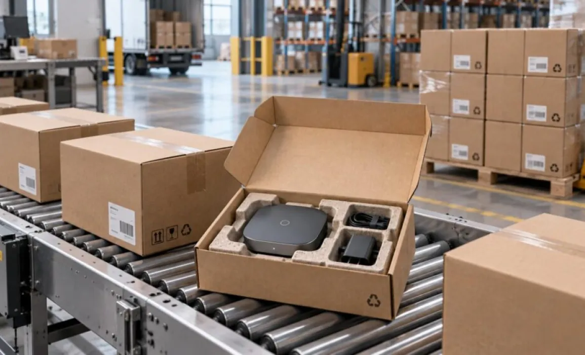 Retail-packed devices in moulded pulp trays moving along a warehouse conveyor towards a loading bay