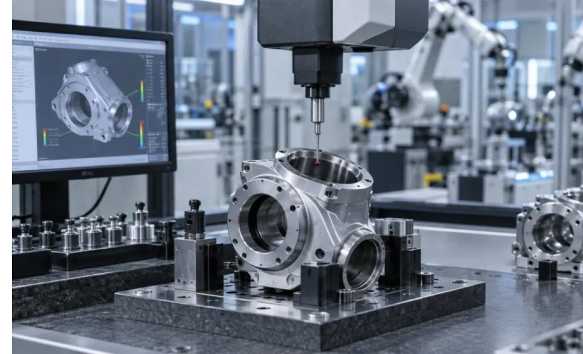 Machined valve housing on a measuring machine with its CAD deviation map on screen