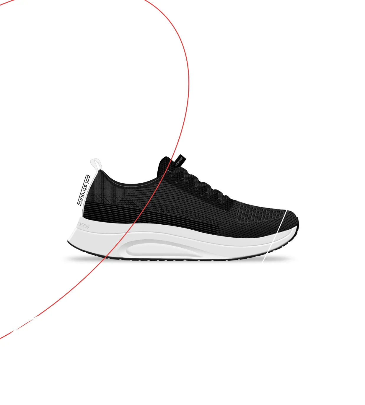 Side profile of the Pal Strunz running shoe, black knit upper on a white sculpted midsole