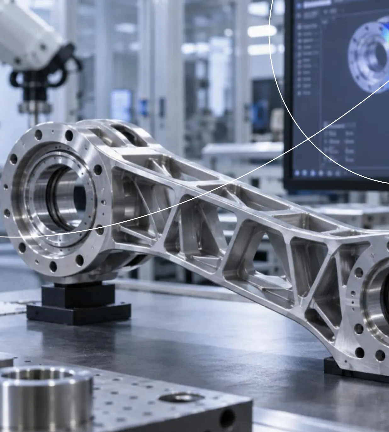 Machined aluminium structural arm with lattice ribs on an inspection table, its CAD model on a screen behind
