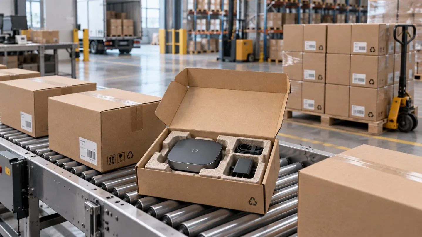 Packaged product on a warehouse conveyor ready for shipping — launch stage