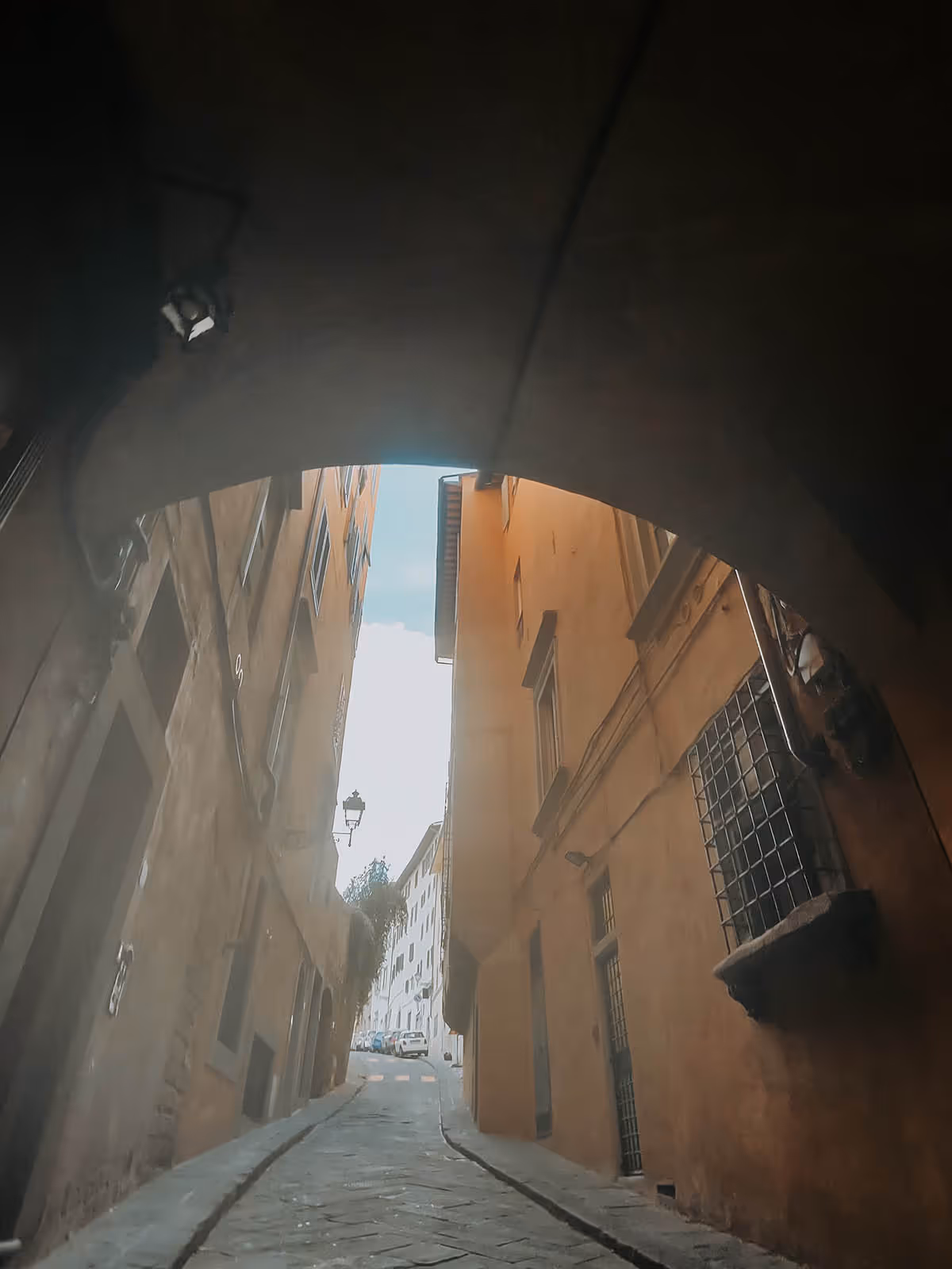 Steep narrow cobblestone hill leading to Florence botanical gardens with blind curve