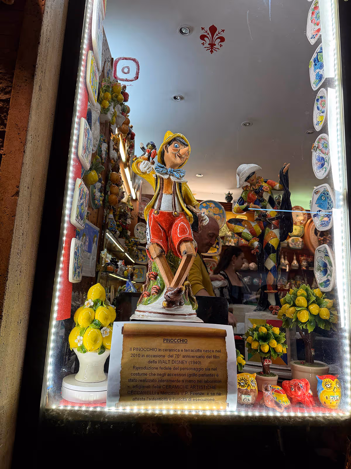 handmade pinocchio displayed in a window
