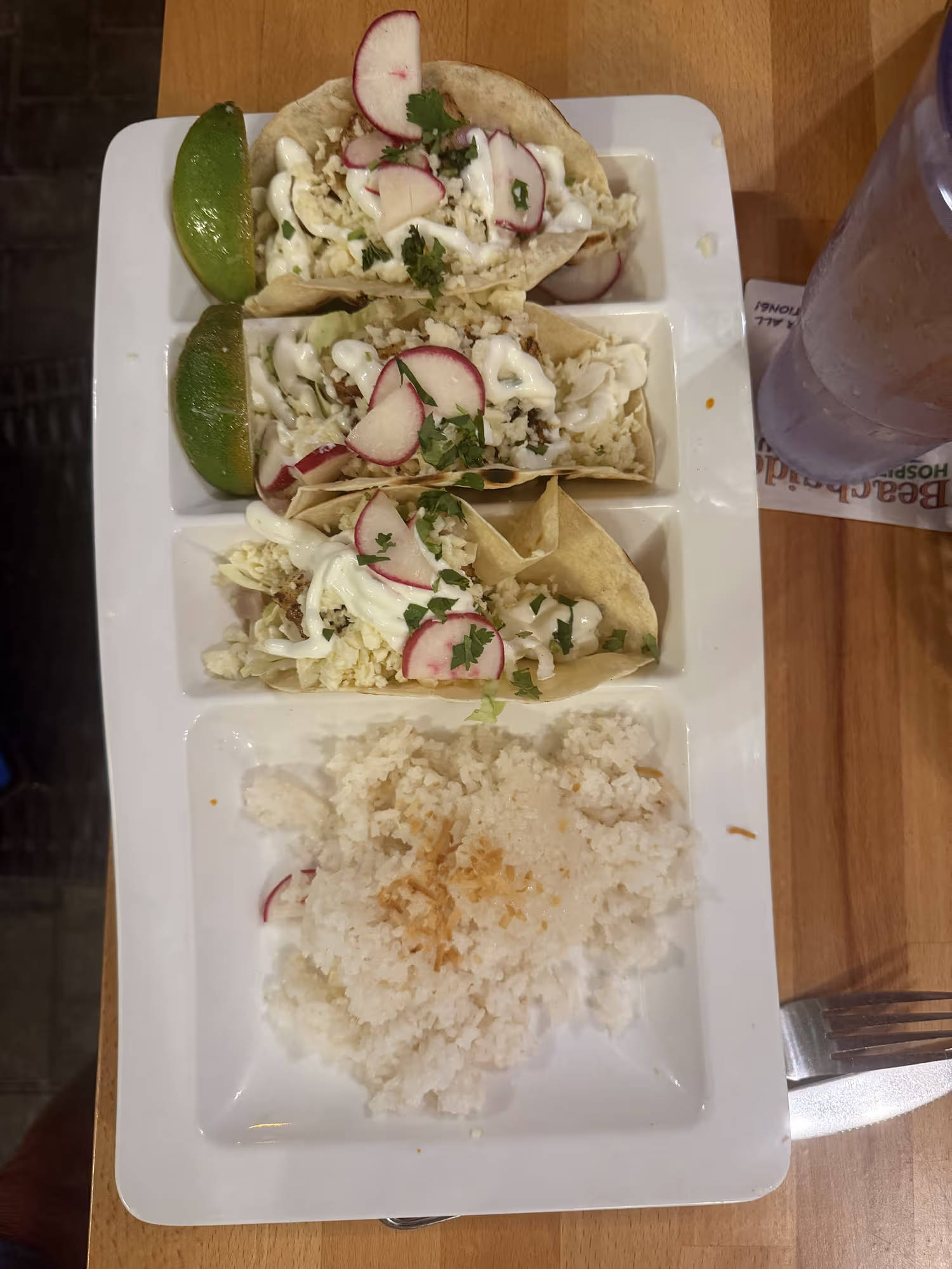 Fish tacos with rice at Salty’s Island Bar & Grille in Clearwater Beach