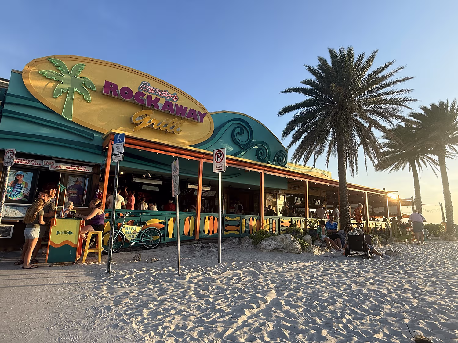 Exterior of Frenchy’s Rockaway Grill on Clearwater Beach at sunset