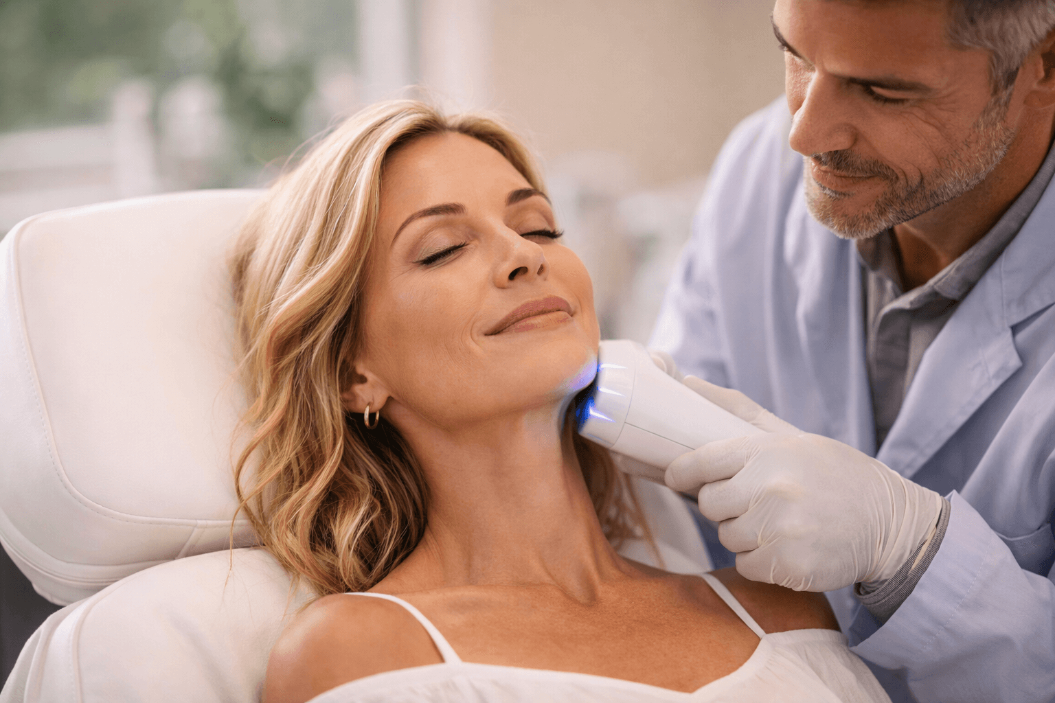 Patient receiving non-surgical Skin Tightening Scottsdale, AZ treatment at Source of Health in Scottsdale, Arizona to improve firmness and collagen production.