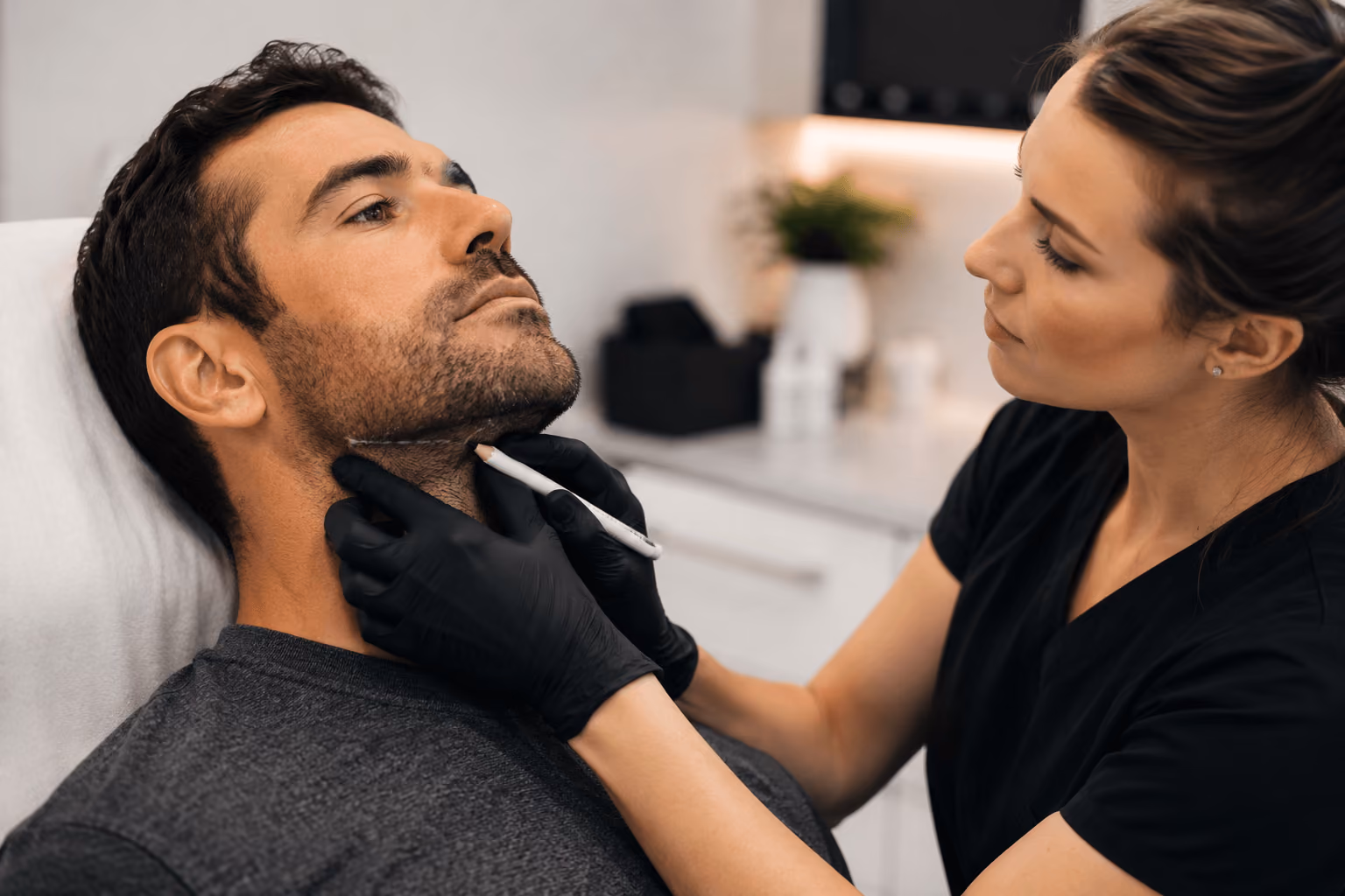 Male patient discussing Kybella treatment options for double chin reduction and jawline contouring in Scottsdale, Arizona.
