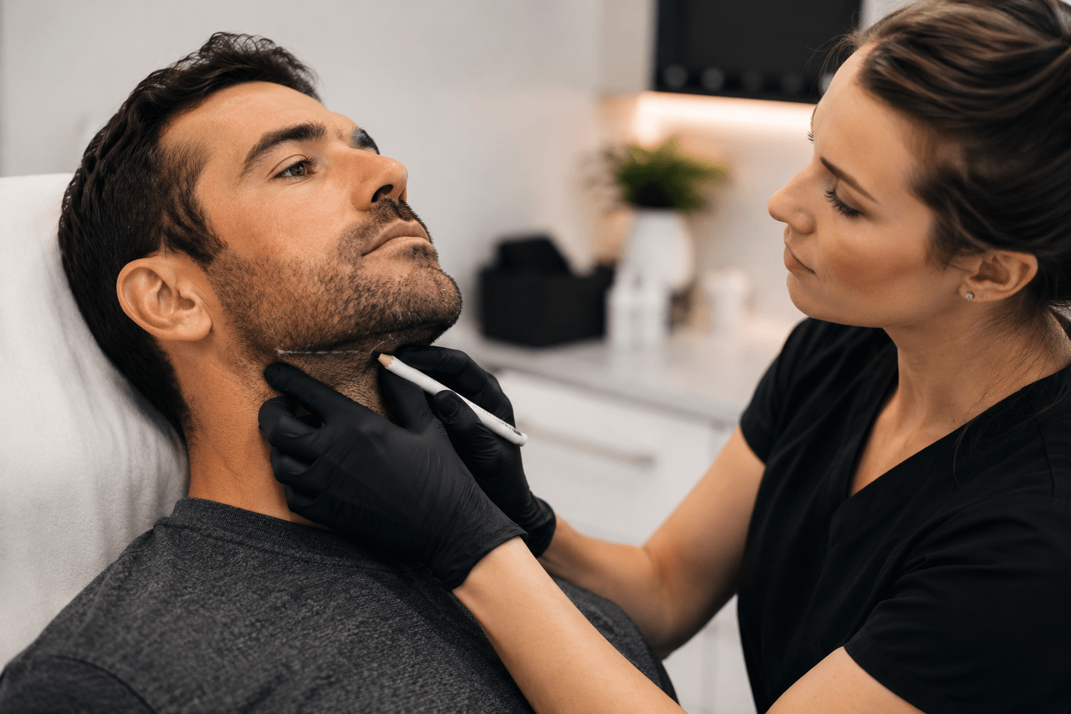 Male patient discussing Kybella treatment options for double chin reduction and jawline contouring in Scottsdale, Arizona.