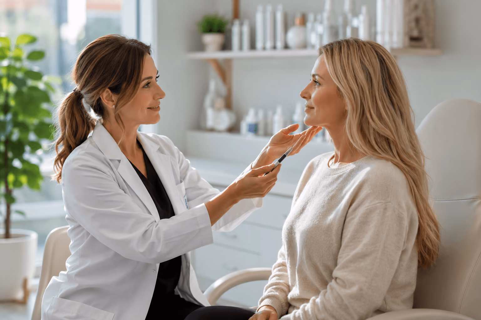 Provider consulting with a patient about personalized aesthetic clinic treatments for skin concerns in Scottsdale, Arizona.