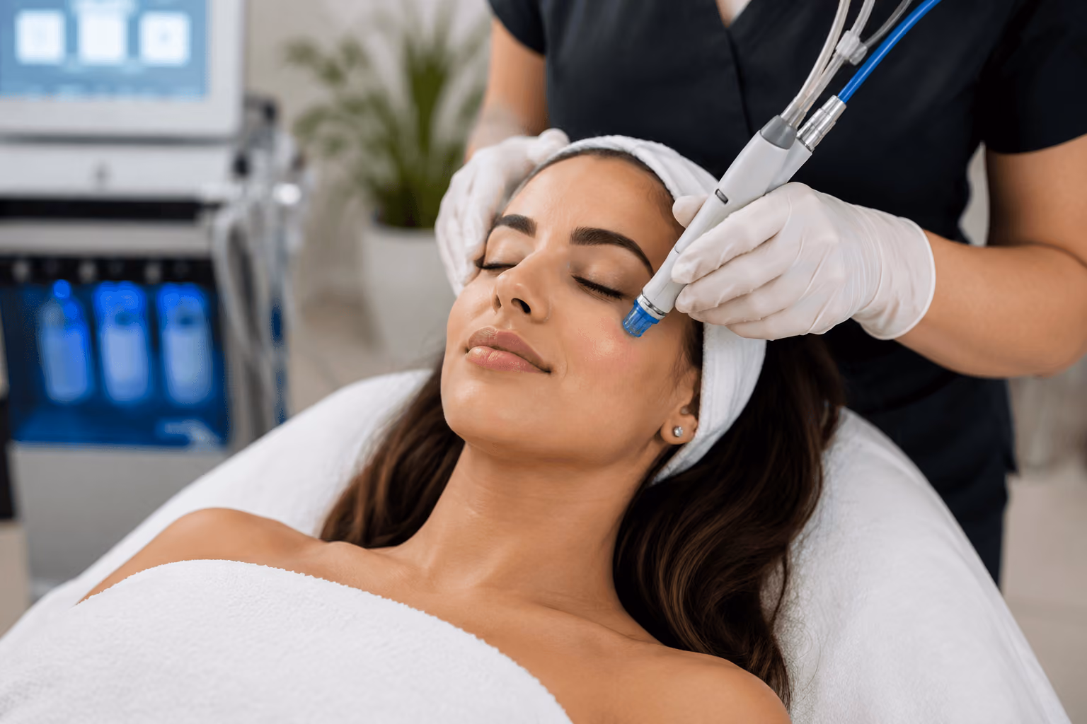 Woman receiving a HydraFacial treatment to improve dull skin at a medspa in Scottsdale, Arizona.