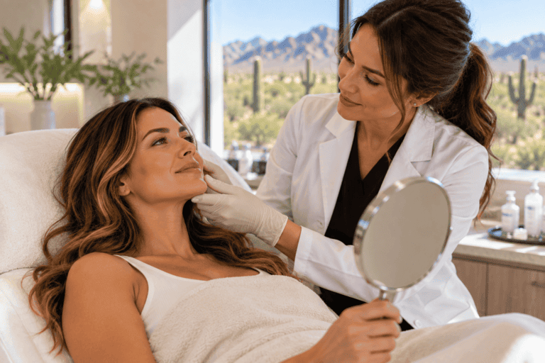 Medical aesthetics provider performing a skin evaluation in Scottsdale, Arizona