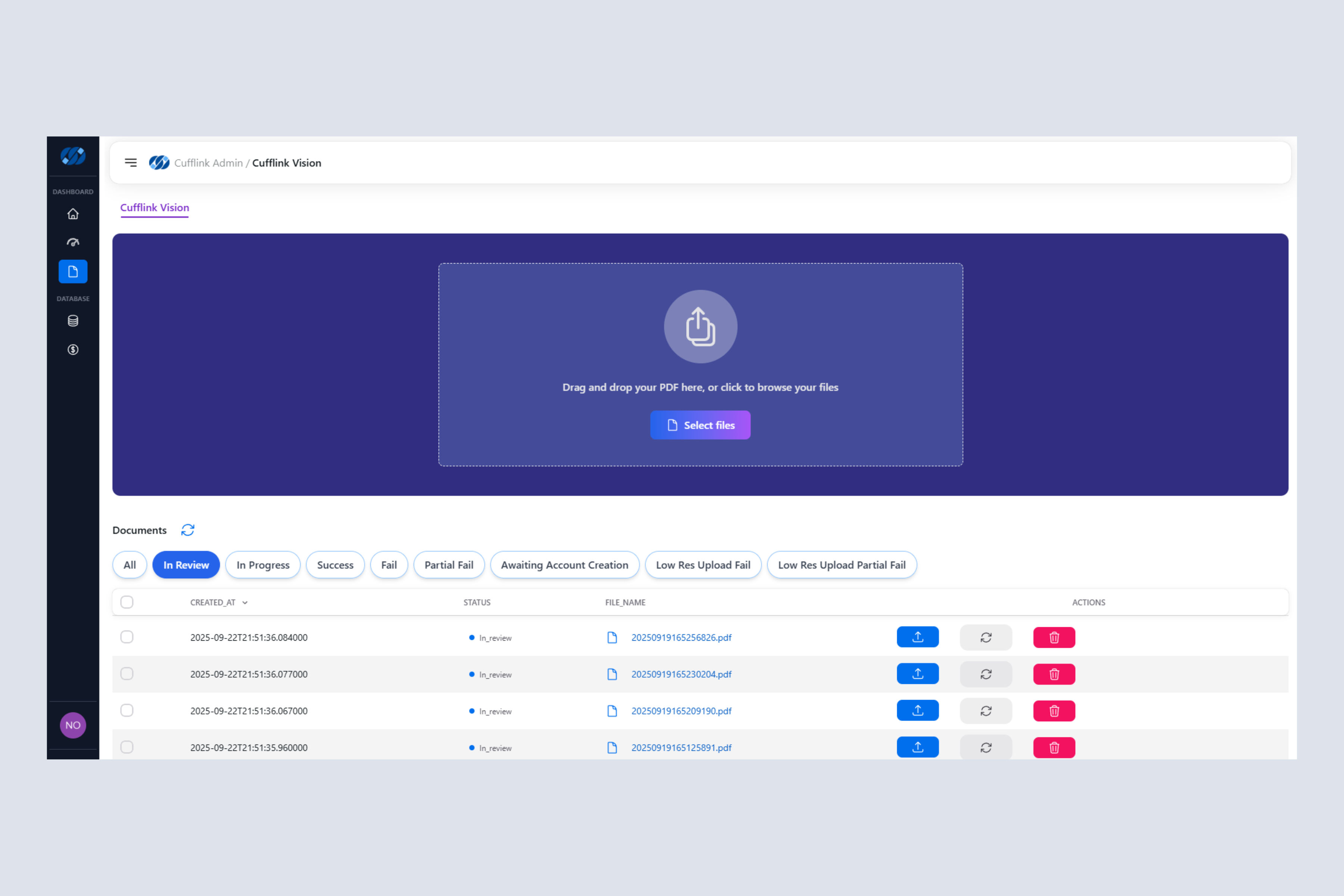 User interface of Cufflink Vision showing a drag-and-drop area for PDF uploads and a document list filtered by 'In Review' status with action icons.