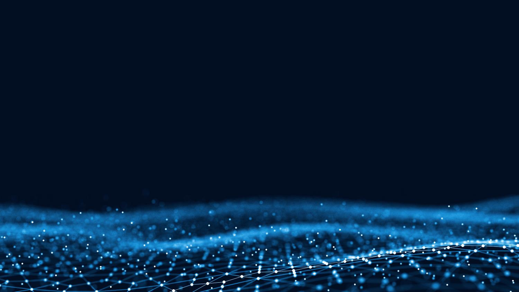 Blue glowing digital network nodes and lines forming a wave pattern on a dark background.