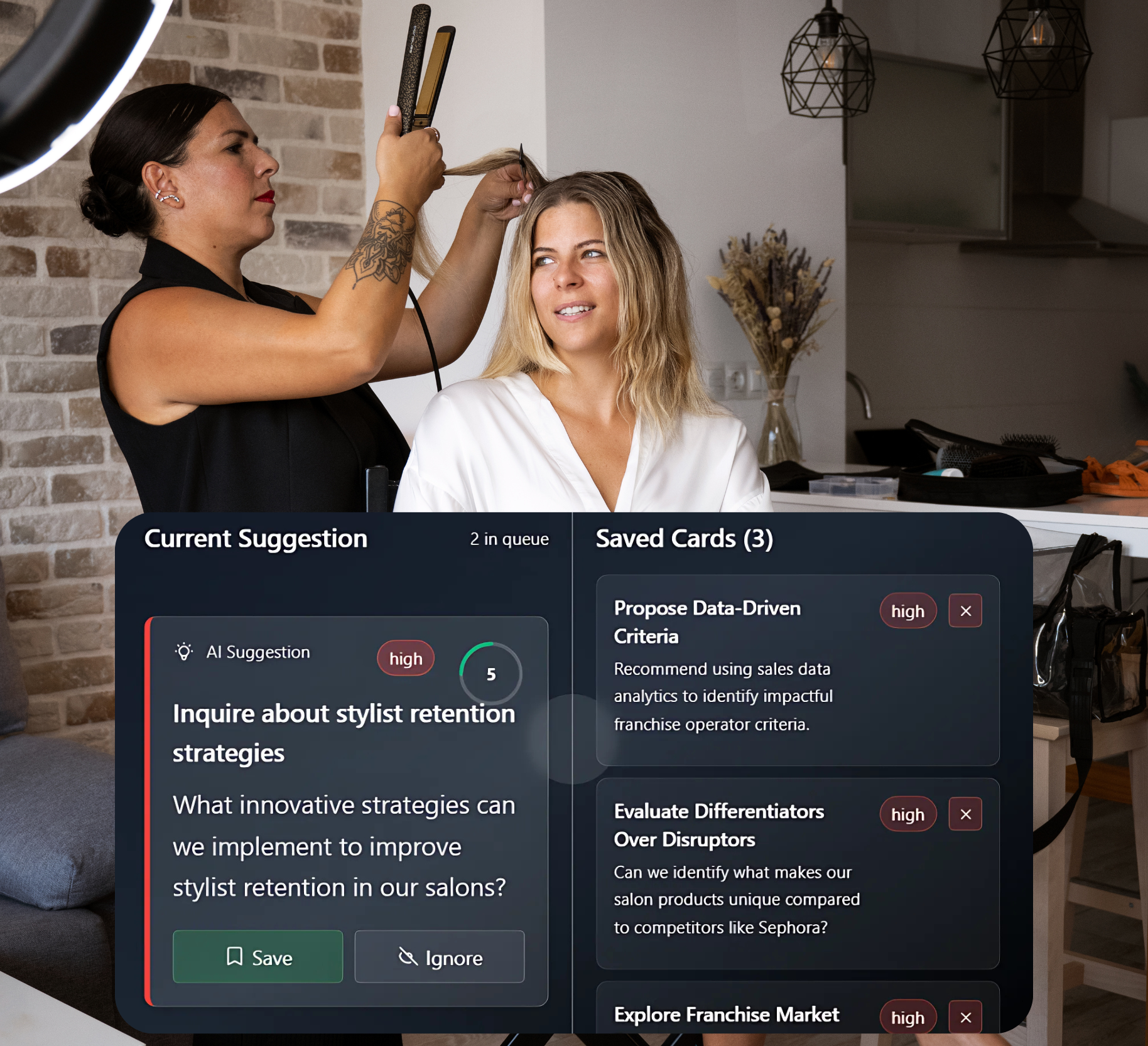 An image combining a woman getting her hair styled with a dashboard showing AI-generated business suggestions for salon management.