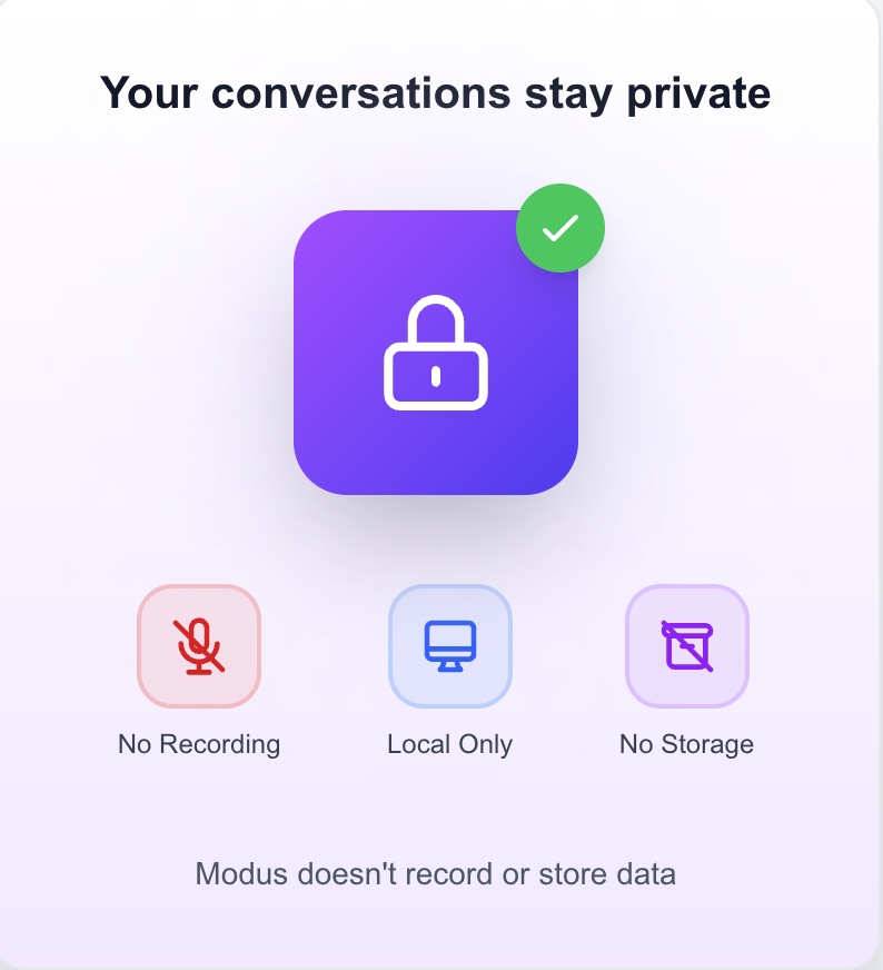 Privacy assurance with icons showing no recording, local only storage, and no data storage, stating Modus doesn't record or store data.